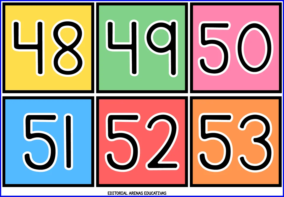 Number flashcards 48–53: six color cards showing 48, 49, 50, 51, 52, and 53 from the printable math resource.