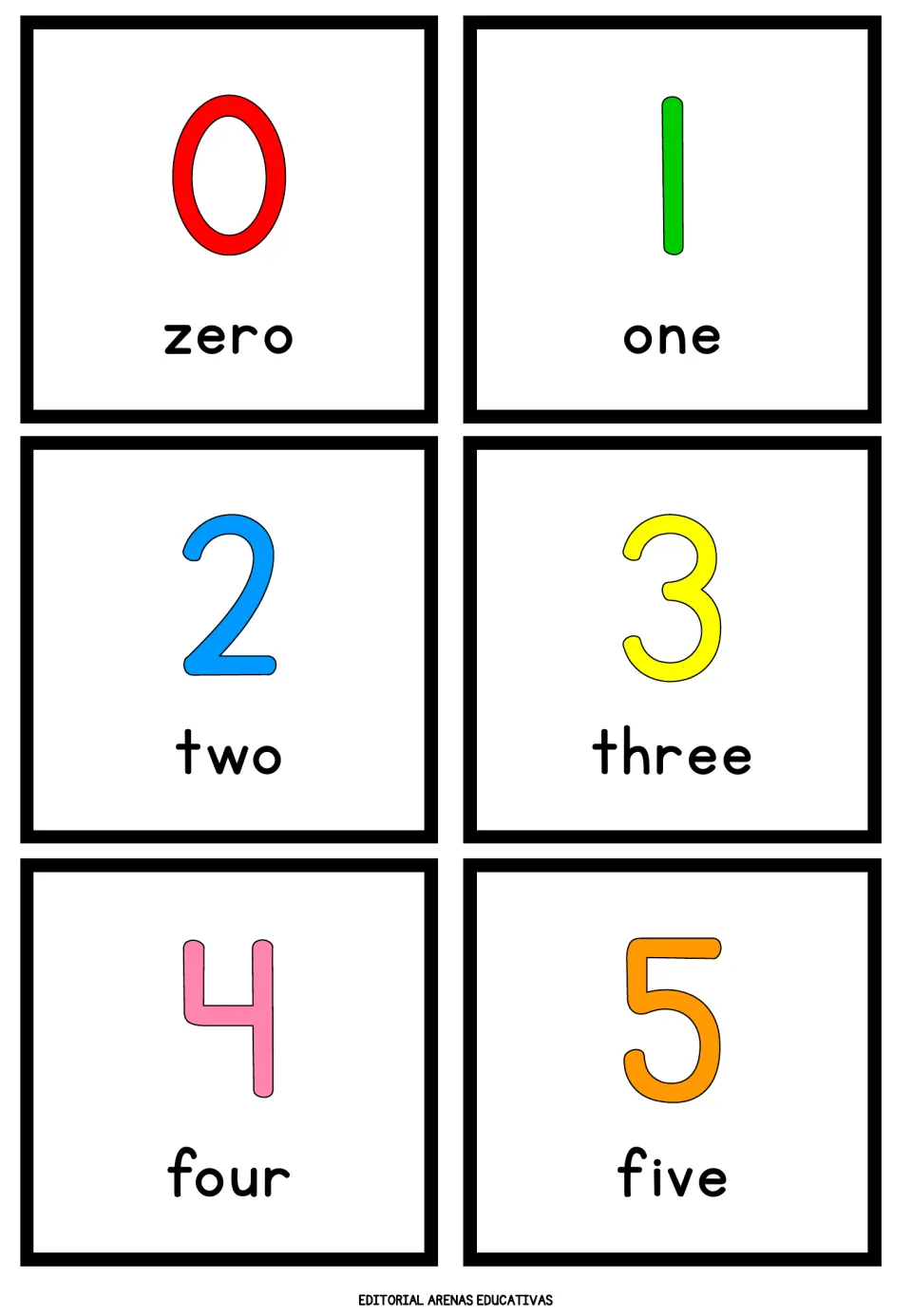 Number cards 0 to 5: each shows a large colored numeral above its word, zero through five, for numeral-word matching