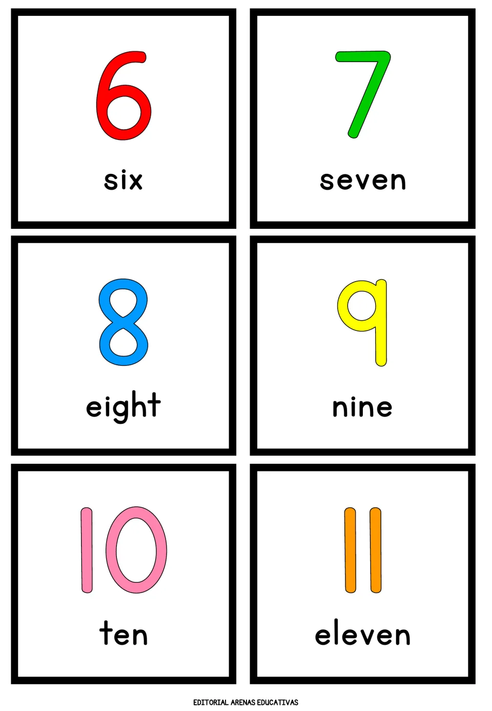 Numbers 6 to 11 flashcards: colored numerals six, seven, eight, nine, ten and eleven, each printed with its number word