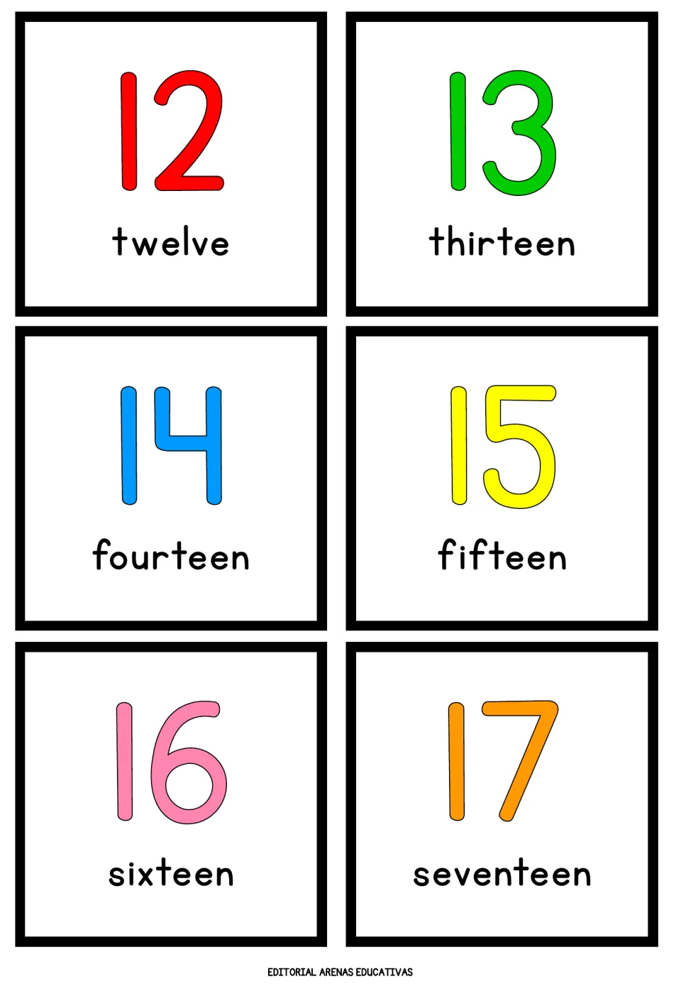 Teen numbers 12 to 17: cards pair each numeral with its spelled word, twelve through seventeen, for reading number names