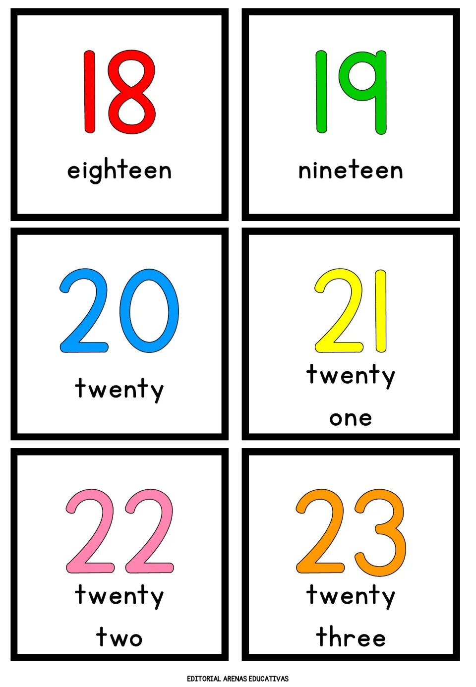 Cards for 18 to 23 showing each numeral with its word, from eighteen and nineteen into twenty, twenty one, two and three