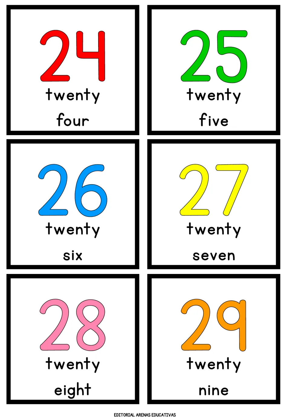 Numbers 24 to 29: each card shows the numeral with its two-word name, twenty four through twenty nine, for naming numerals