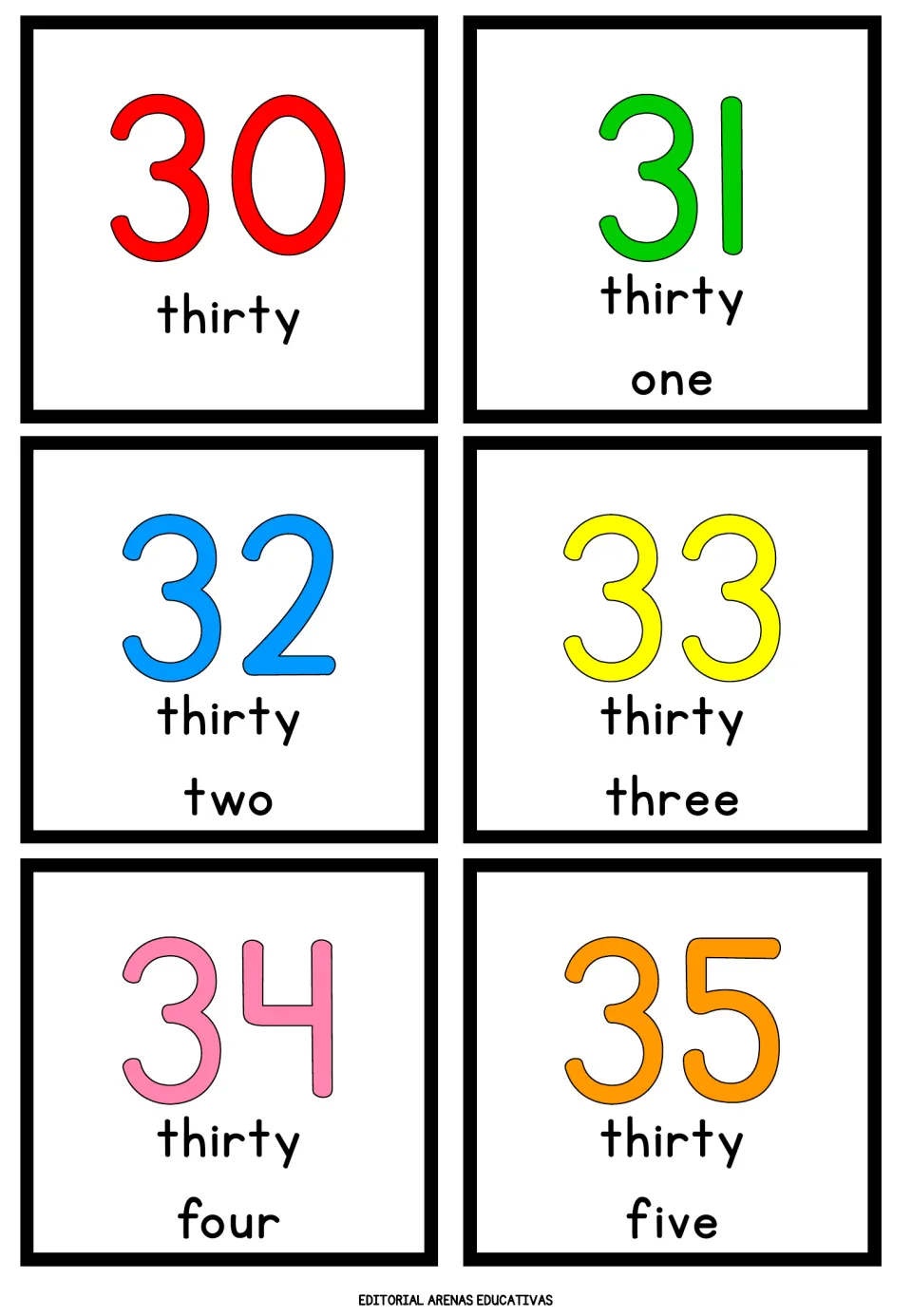 Thirties cards 30 to 35: numerals with the words thirty, thirty one, thirty two, thirty three, thirty four, thirty five