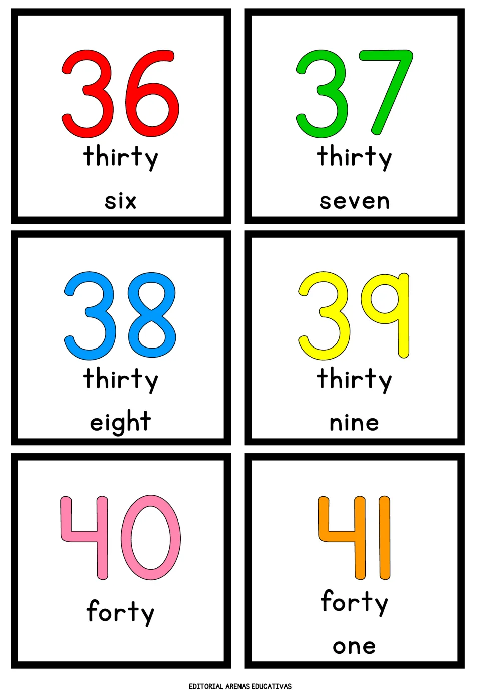 Cards 36 to 41 pair numerals with words from thirty six to thirty nine, then forty and forty one, practising number names
