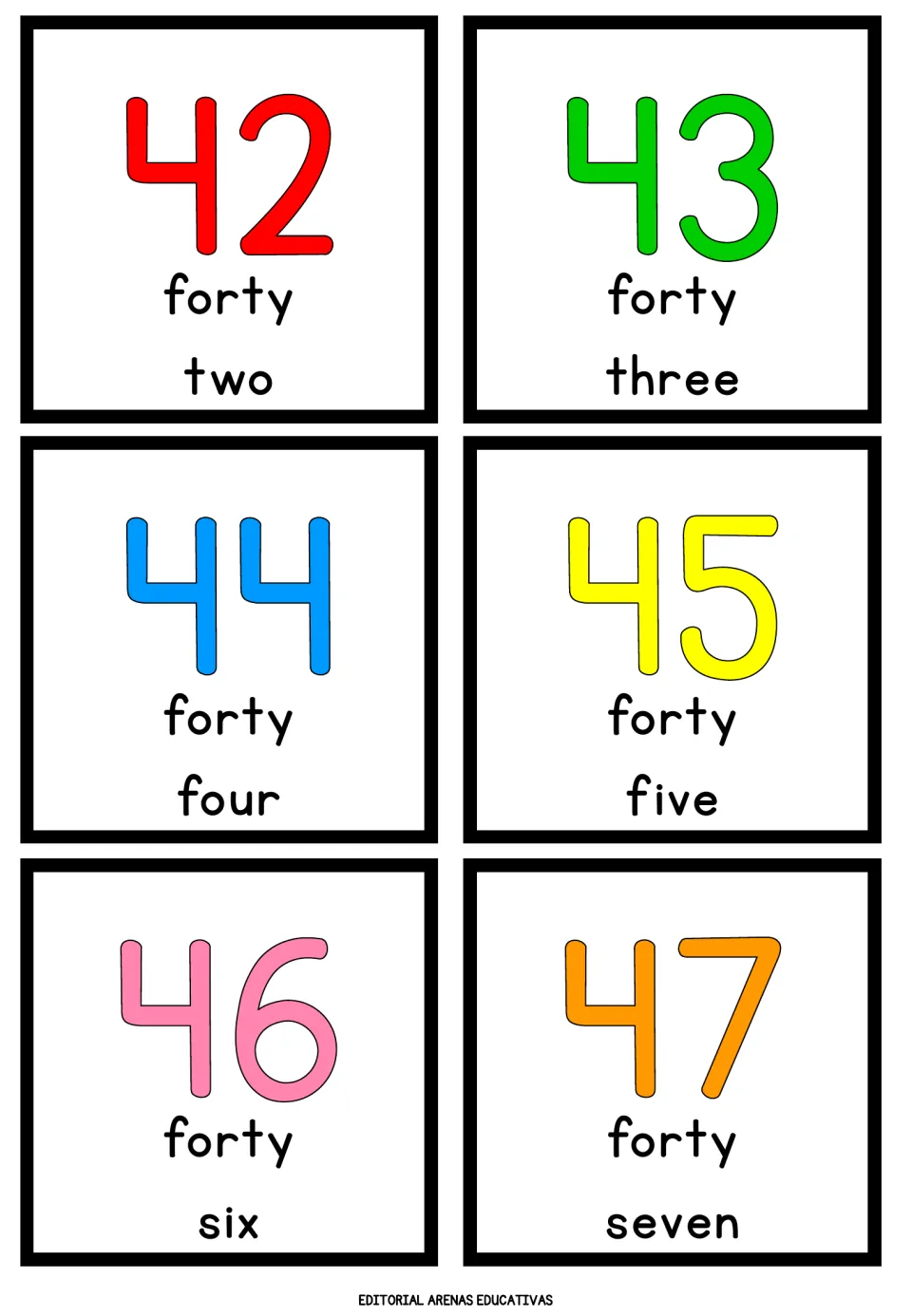 Forties cards 42 to 47: colored numerals labeled forty two, forty three, forty four, forty five, forty six, forty seven