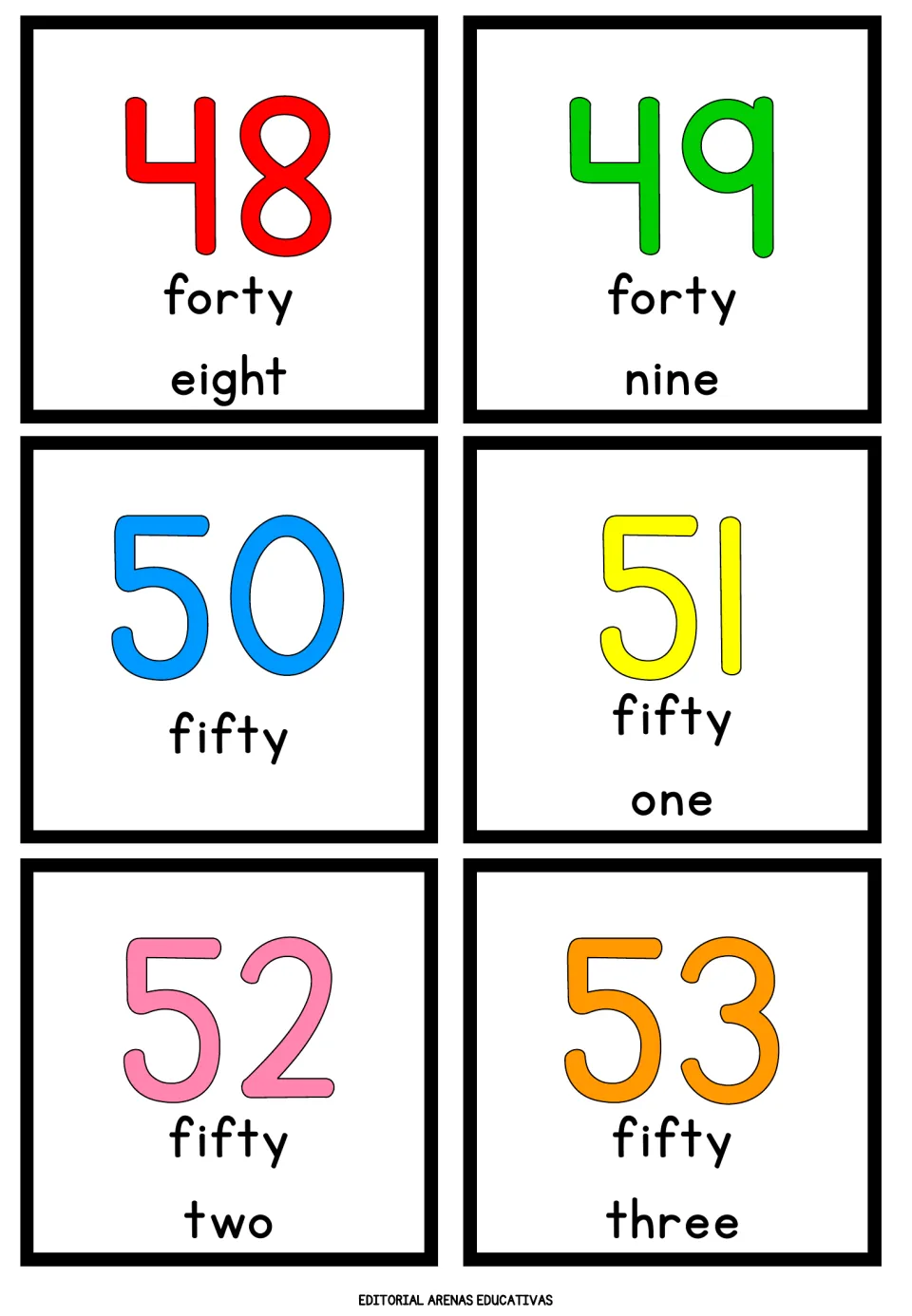 Cards 48 to 53 show numerals with words forty eight and forty nine, then fifty, fifty one, fifty two and fifty three