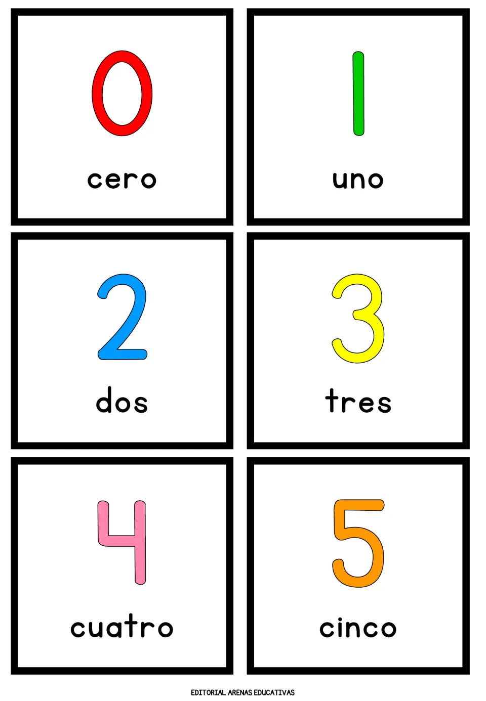 Spanish numbers 0 to 5: six cards pair each colored numeral with its word, cero, uno, dos, tres, cuatro and cinco