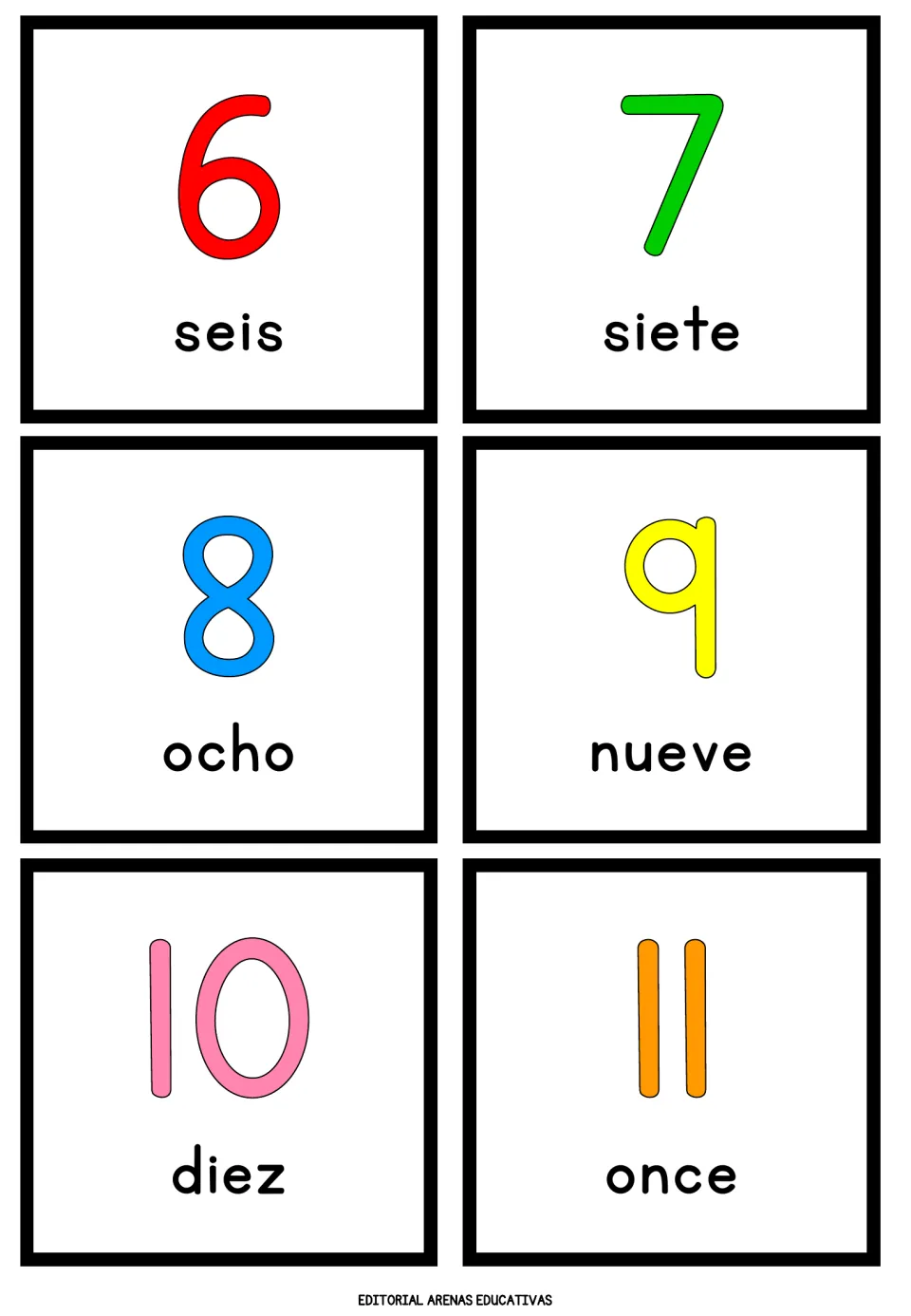 Spanish numbers 6 to 11: numeral cards labeled seis, siete, ocho, nueve, diez and once for number-word recall