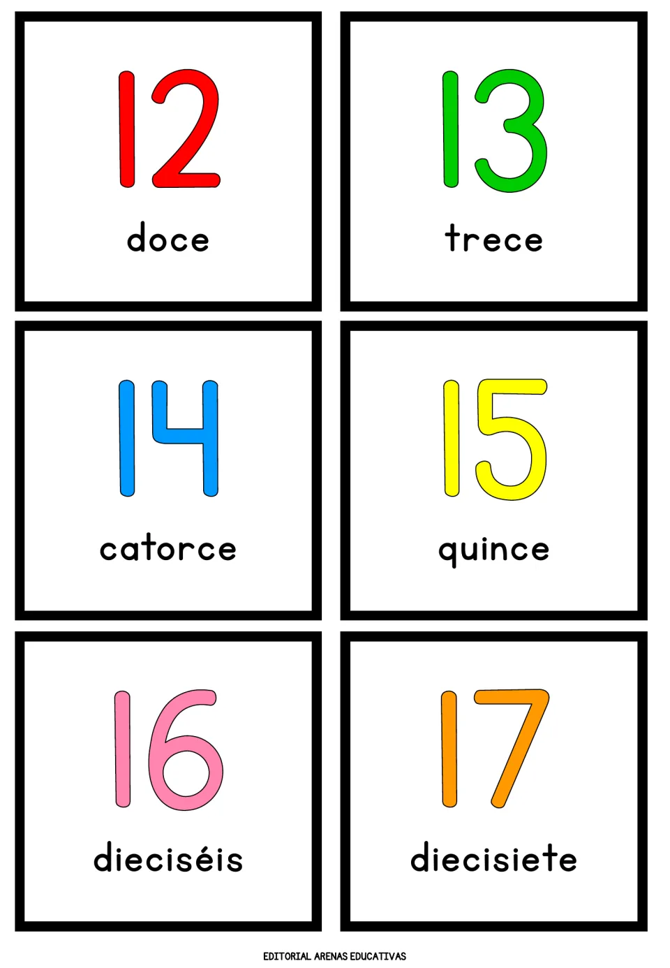 Spanish teen numbers 12 to 17: cards show doce, trece, catorce, quince, dieciséis and diecisiete beside each numeral
