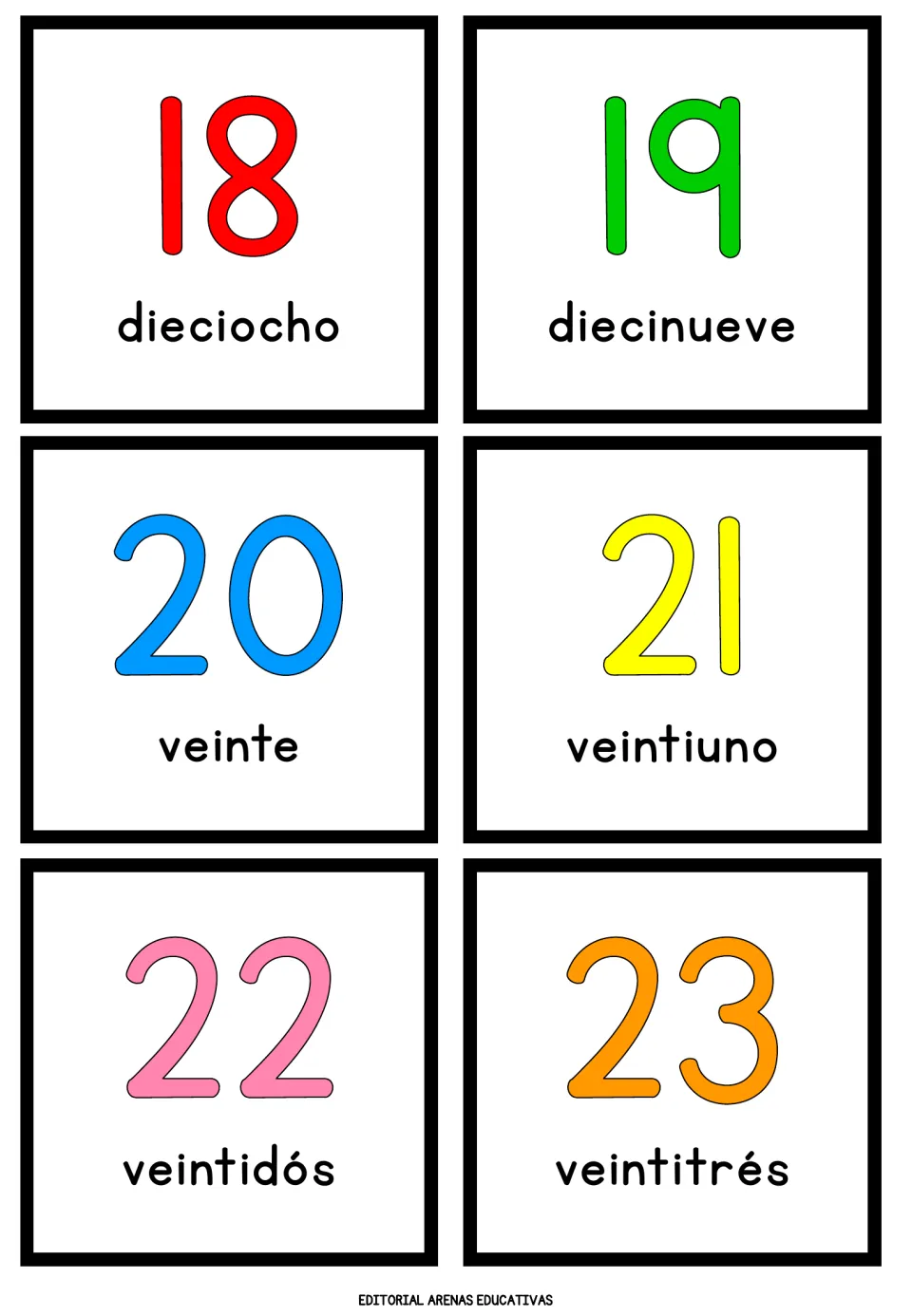Spanish numbers 18 to 23: word cards for dieciocho, diecinueve, veinte, veintiuno, veintidós and veintitrés