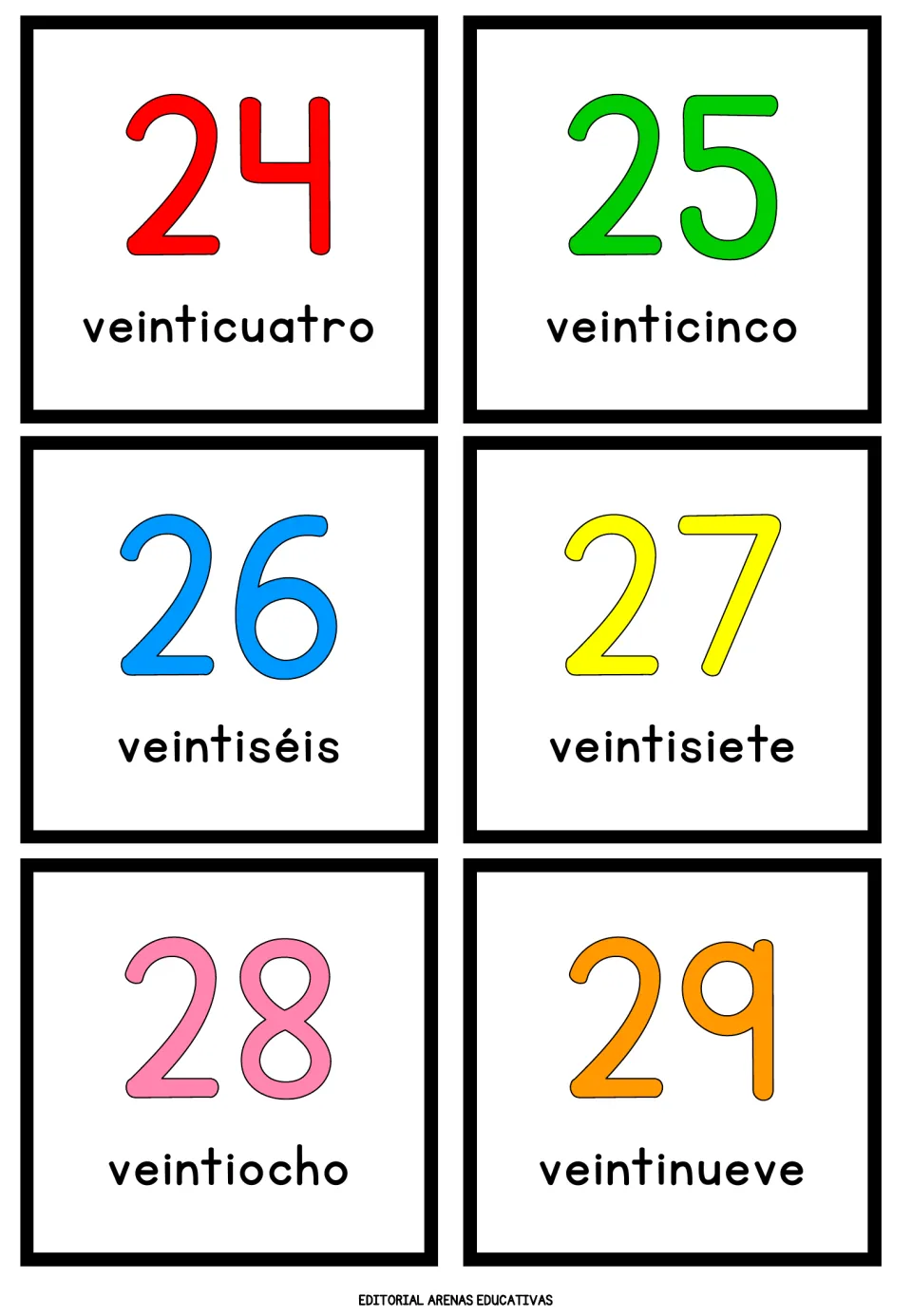 Spanish numbers 24 to 29: cards for veinticuatro through veintinueve, pairing each numeral with its one-word name
