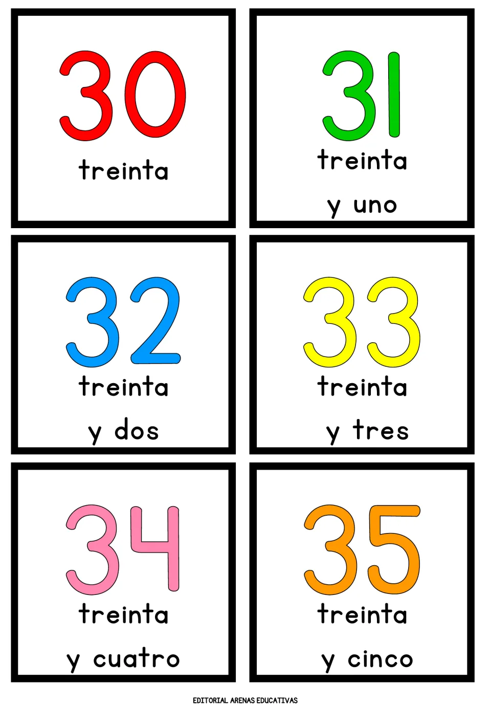 Spanish numbers 30 to 35: treinta, then 31 to 35 built by adding y uno, y dos and so on to the tens word