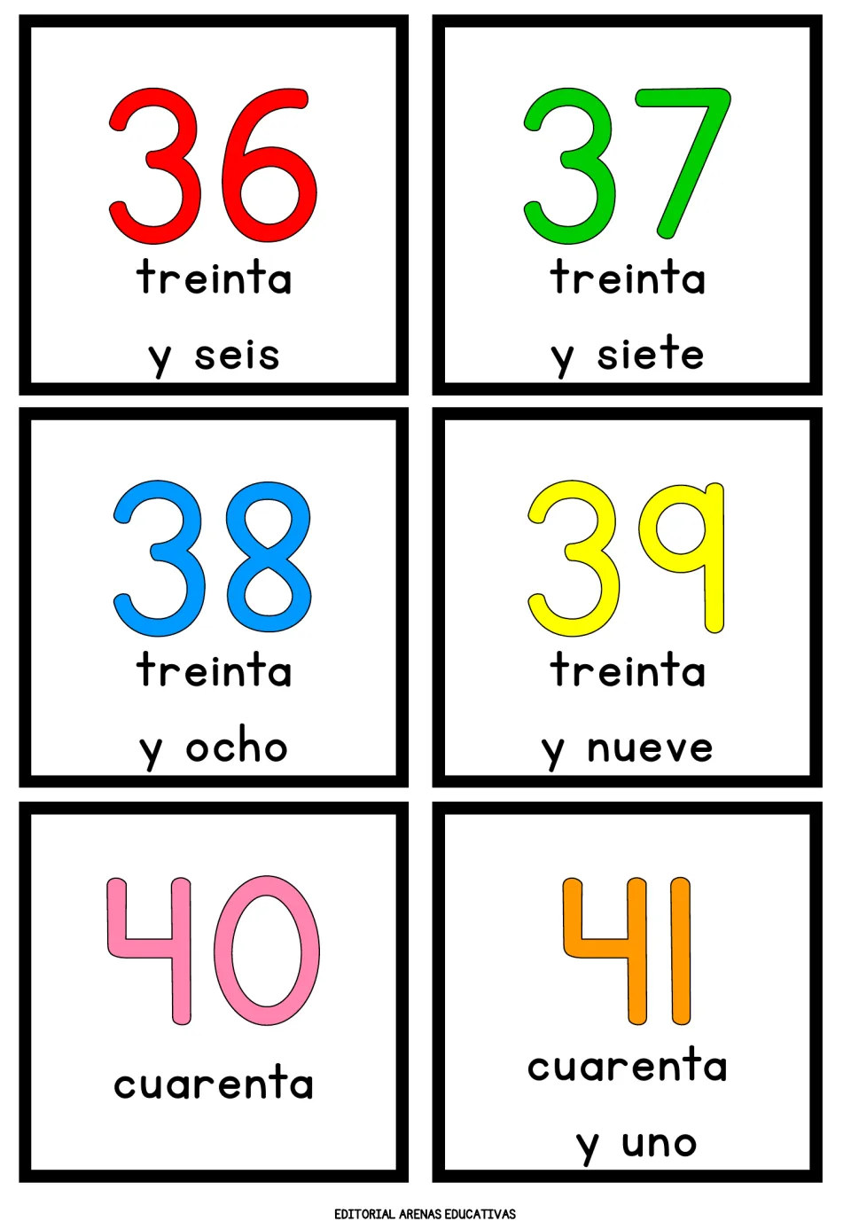 Spanish numbers 36 to 41: the last four thirties cards, then 40 cuarenta and 41 formed by adding y uno to the tens word