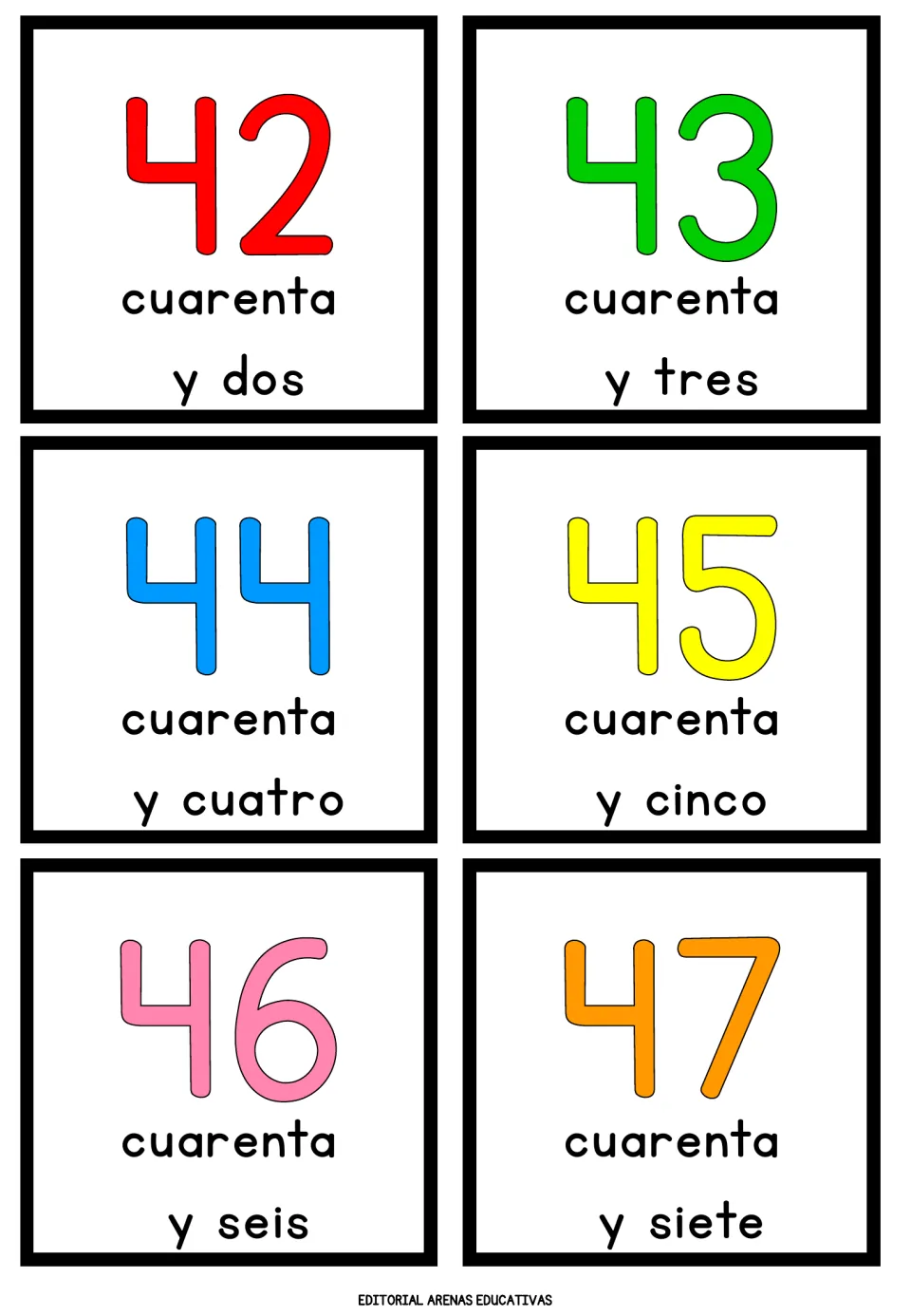 Spanish numbers 42 to 47: each card joins cuarenta with y and a ones word, from y dos up to y siete