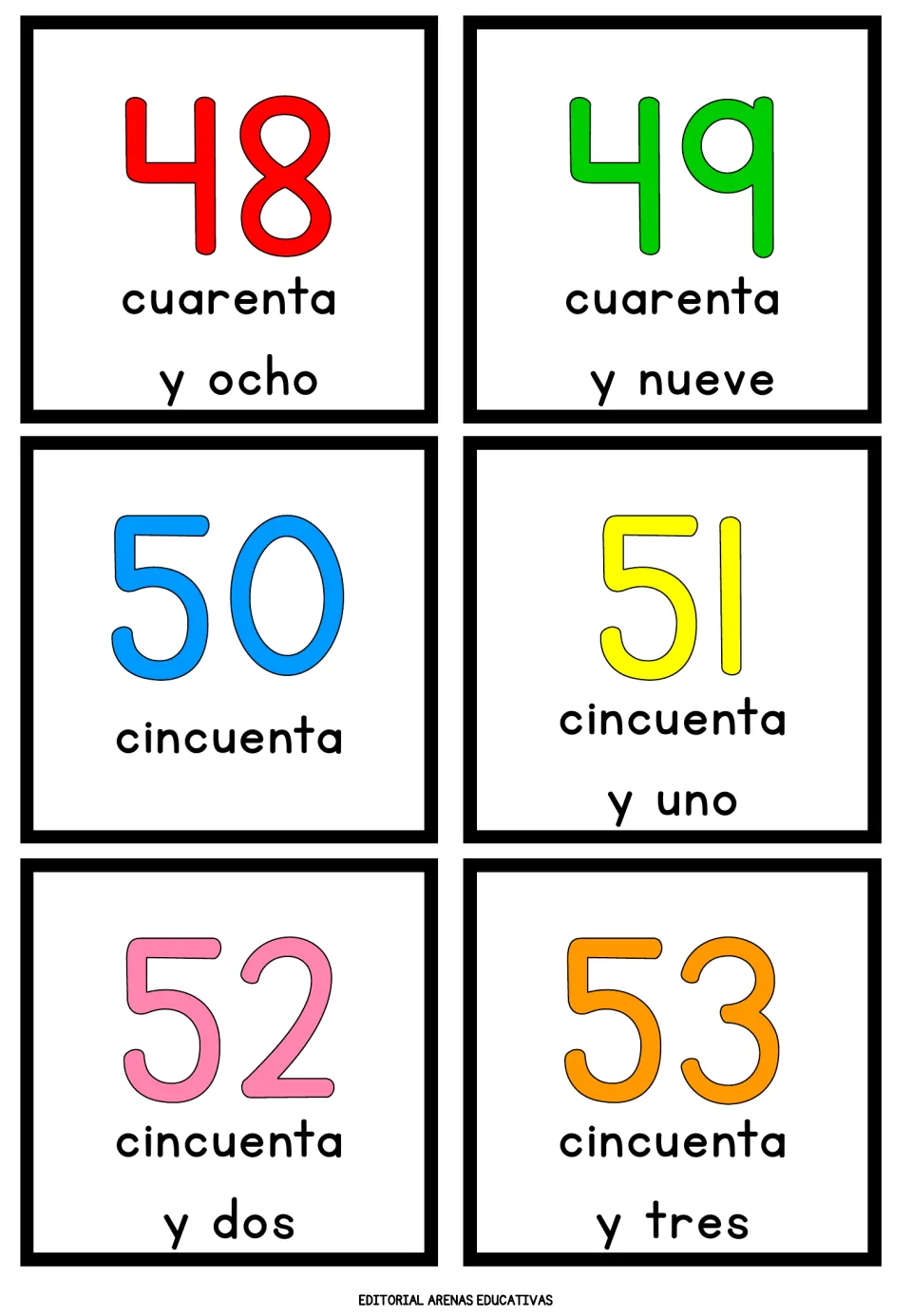 Spanish numbers 48 to 53: the last two forties cards, then 50 cincuenta and 51 to 53 made with y uno, y dos and y tres