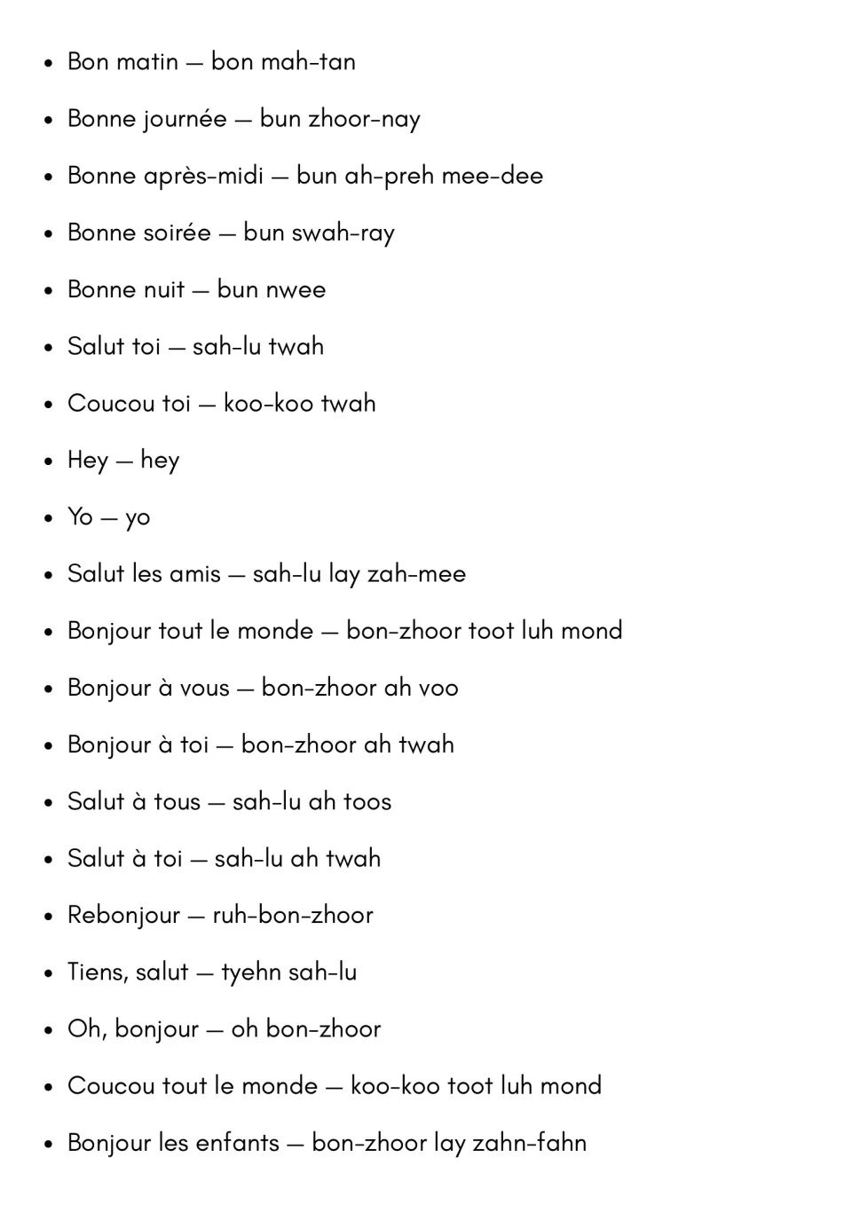 French time-of-day and casual greetings such as Bonne journée, Bonne nuit and Rebonjour, each with sound-it-out spelling