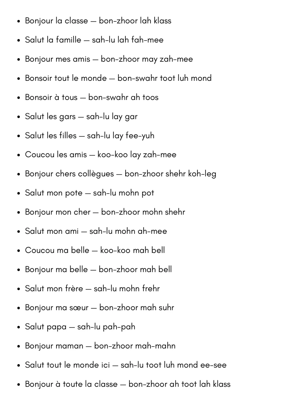 Greetings for family, friends and class, like Bonjour la classe, Salut papa and Bonjour maman, with pronunciations