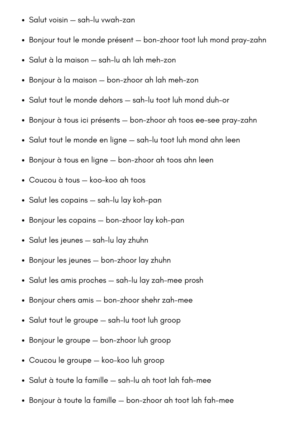 Greetings for groups, online and at home, such as Bonjour à tous en ligne and Coucou le groupe, with pronunciations