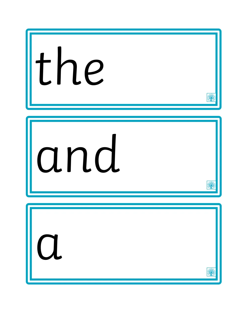 Sight word flashcards 1–3 of the 100-word set: 'the,' 'and,' and 'a,' for repeated reading practice.