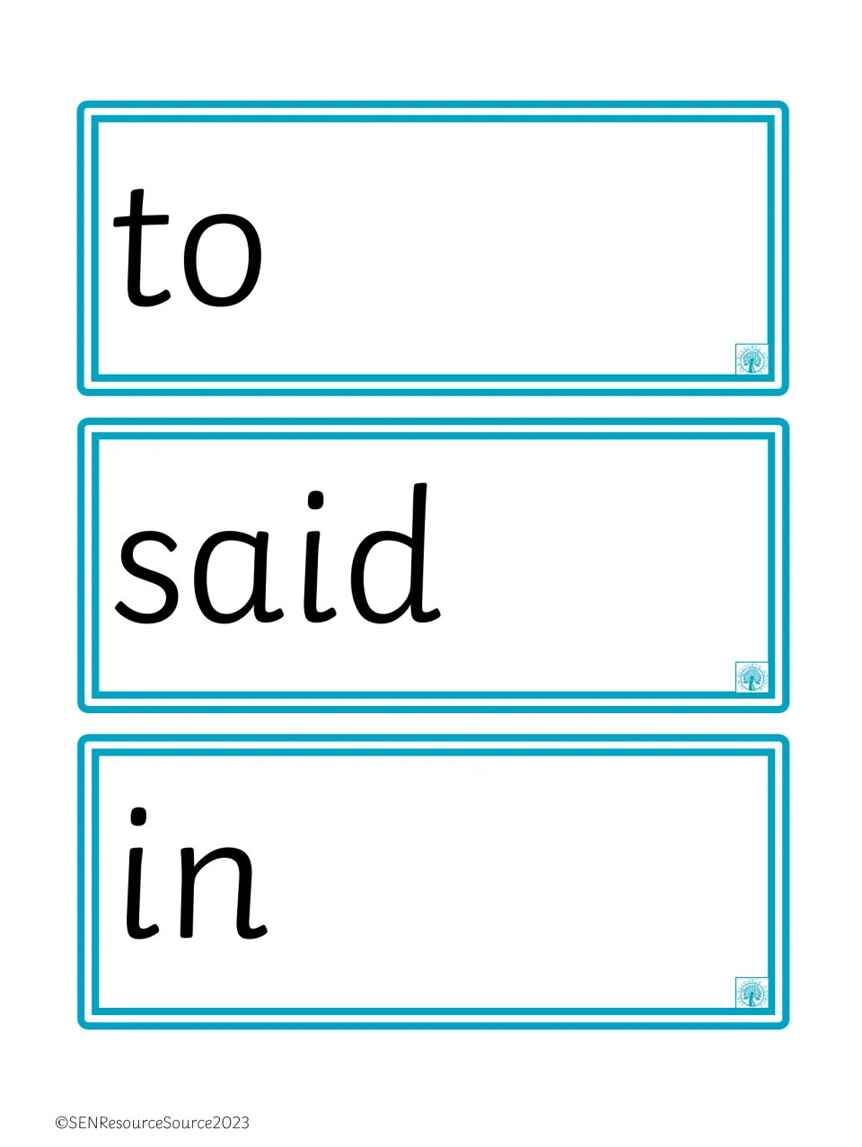 Sight word flashcards 4–6 of the 100-word set: 'to,' 'said,' and 'in,' for repeated reading practice.