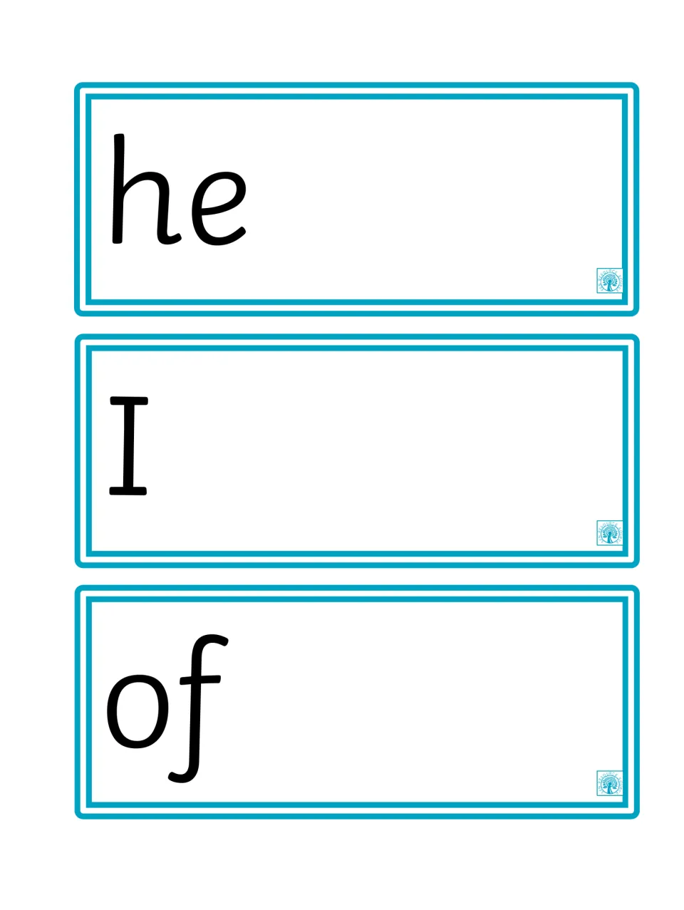 Sight word flashcards 7–9 of the 100-word set: 'he,' 'I,' and 'of,' for repeated reading practice.