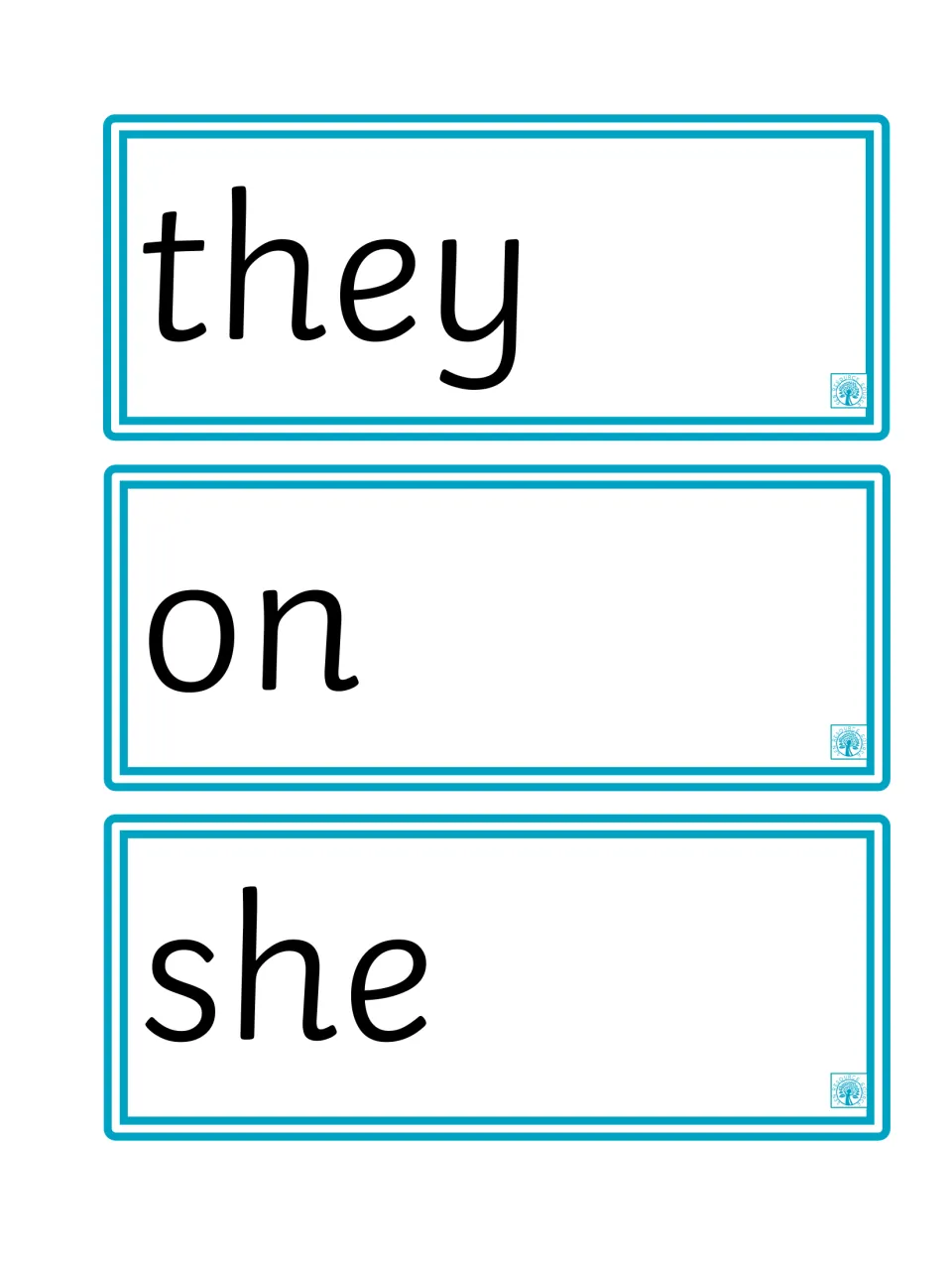 Sight word flashcards 13–15 of the 100-word set: 'they,' 'on,' and 'she,' for repeated reading practice.
