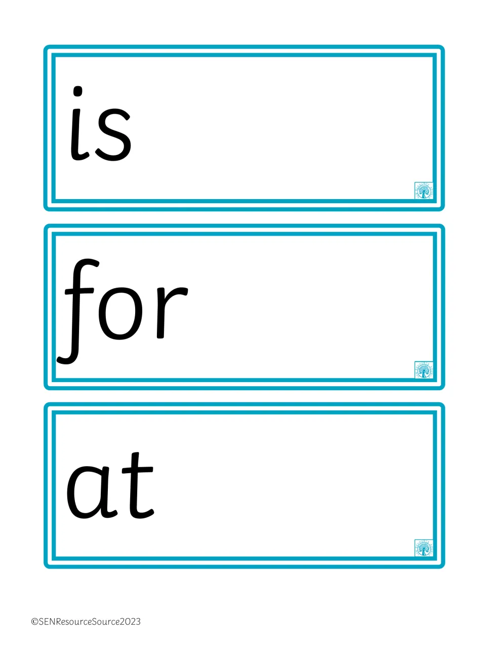Sight word flashcards 16–18 of the 100-word set: 'is,' 'for,' and 'at,' for repeated reading practice.
