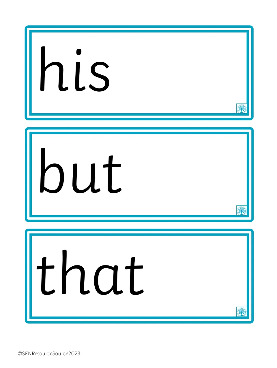 Sight word flashcards 19–21 of the 100-word set: 'his,' 'but,' and 'that,' for repeated reading practice.