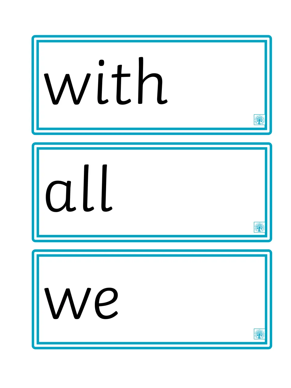 Sight word flashcards 22–24 of the 100-word set: 'with,' 'all,' and 'we,' for repeated reading practice.