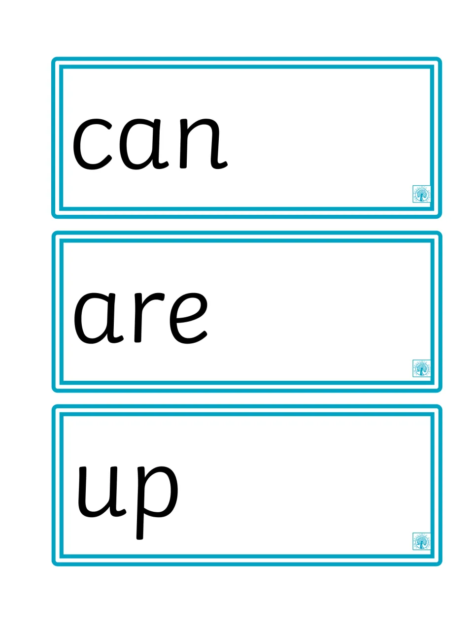 Sight word flashcards 25–27 of the 100-word set: 'can,' 'are,' and 'up,' for repeated reading practice.
