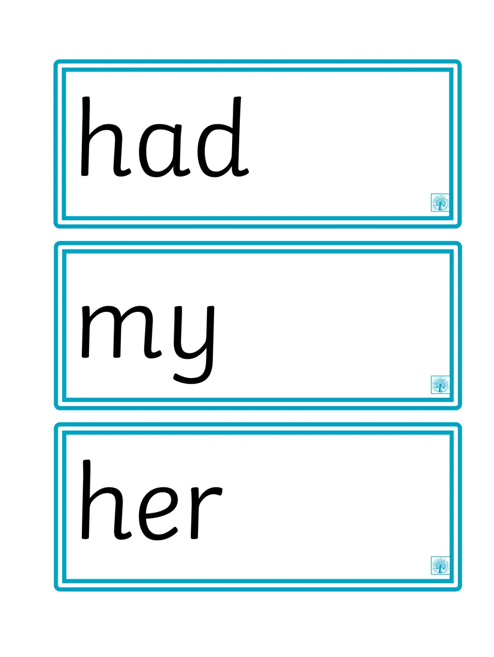 Sight word flashcards 28–30 of the 100-word set: 'had,' 'my,' and 'her,' for repeated reading practice.