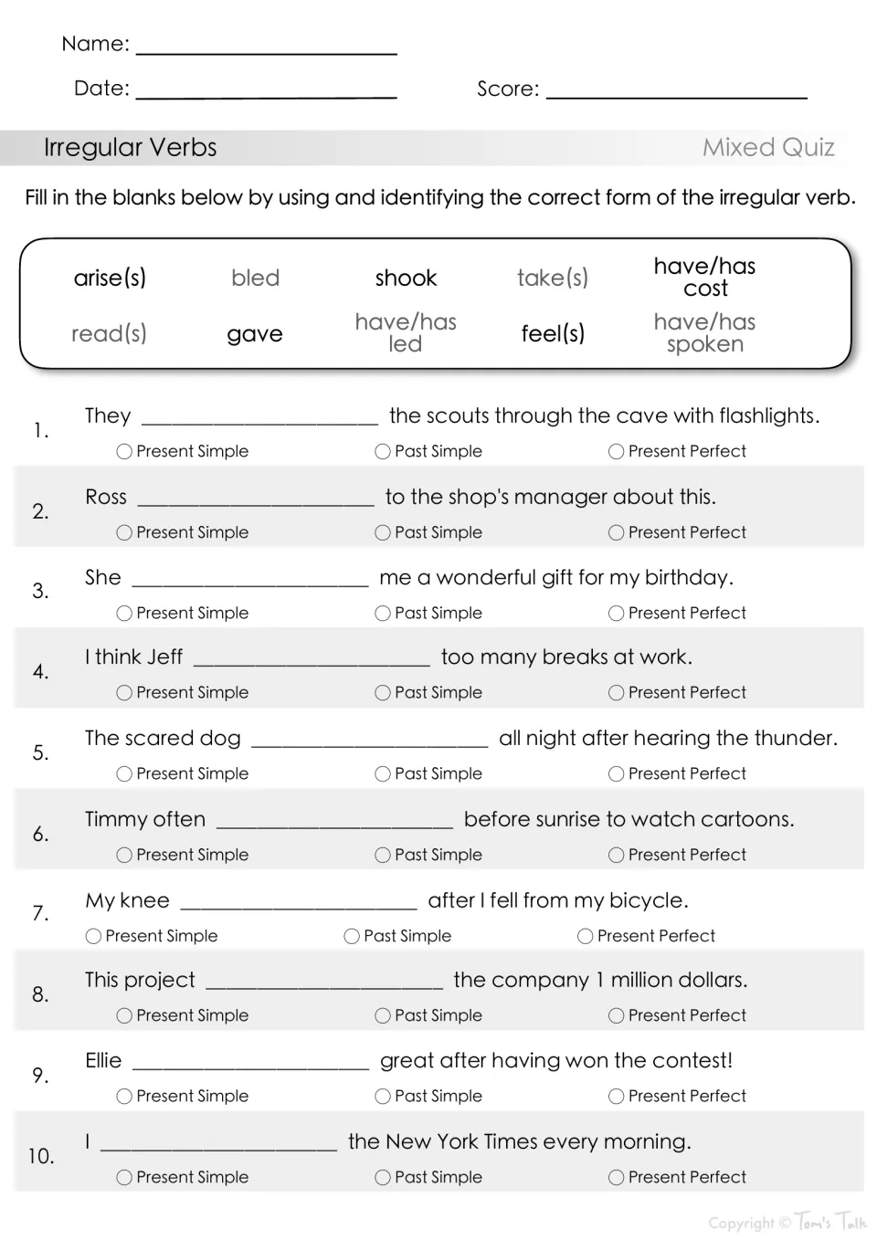Irregular verbs mixed quiz, items 1-10: students fill each blank from a bank (led, gave, spoken) and tick the verb tense