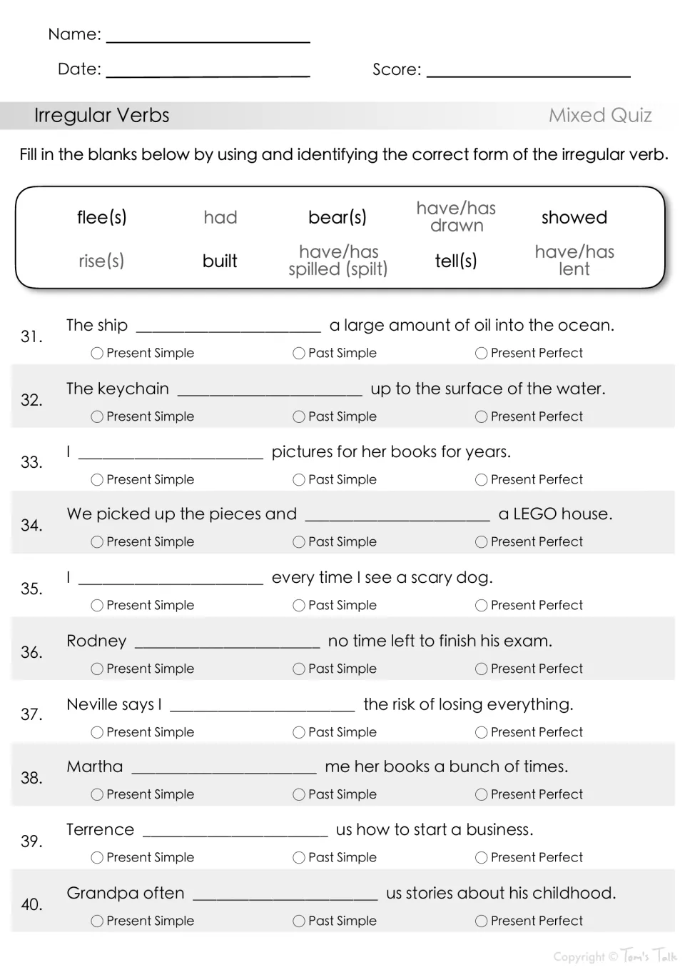 Irregular verbs quiz, items 31-40: students place flee(s), built, spilled (spilt), lent in sentences and label the tense