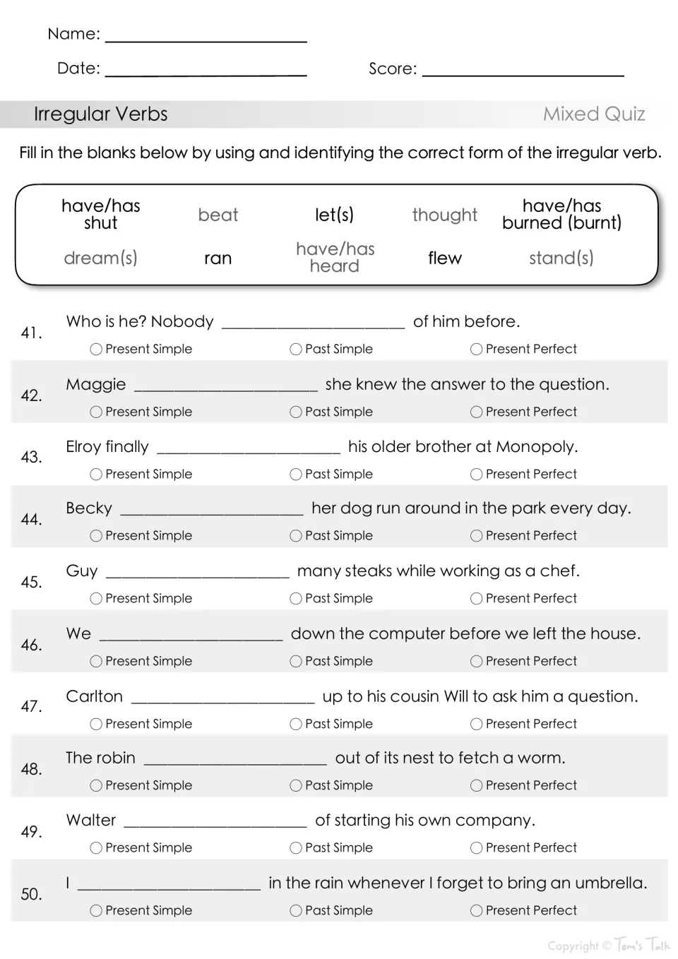 Irregular verbs quiz, items 41-50: students use shut, beat, flew, have/has heard, then pick present, past or perfect