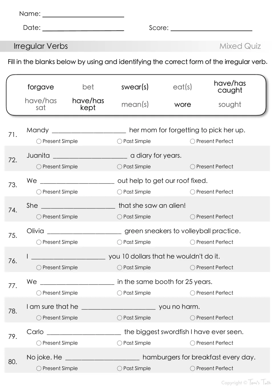 Irregular verbs quiz, items 71-80: students insert forgave, bet, wore, have/has kept, then name each tense