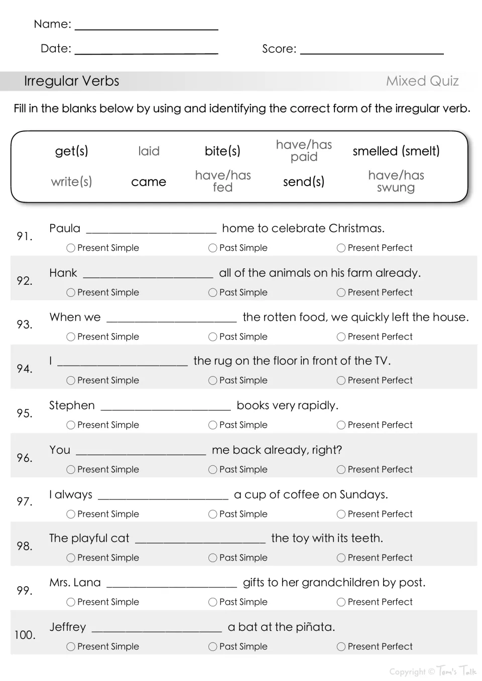 Irregular verbs quiz, items 91-100: students use came, laid, smelled (smelt), have/has fed and mark present, past or perfect