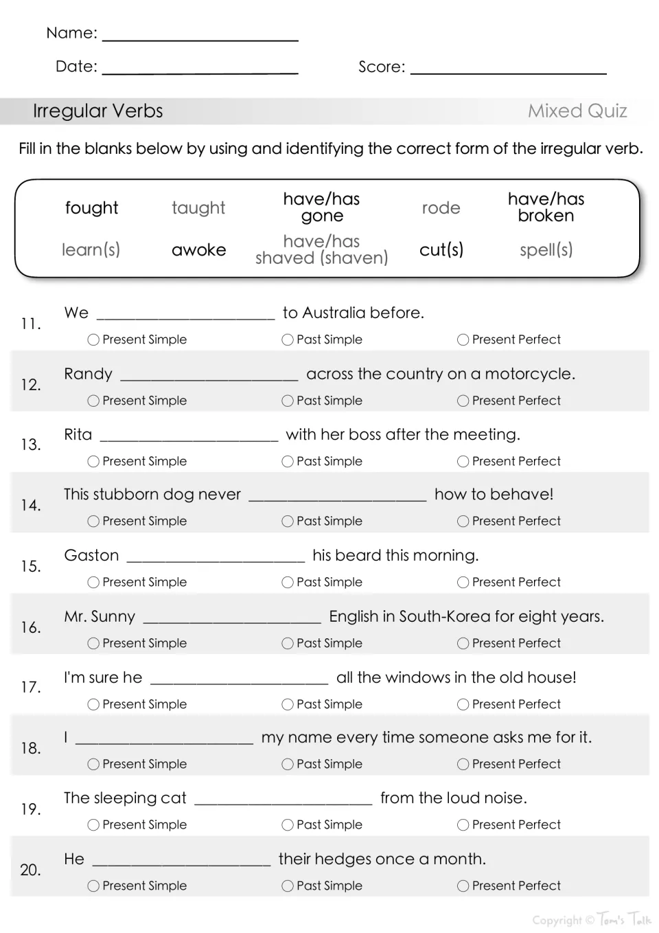 Mixed irregular verb quiz, items 11–20: complete sentences using rode, fought, awoke and identify tenses.
