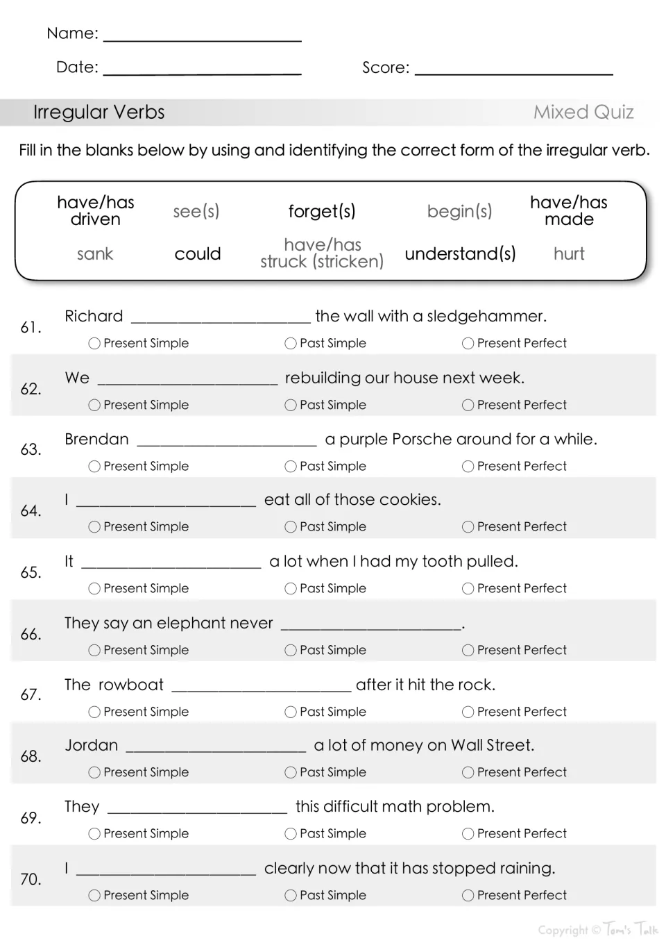 Mixed irregular verb quiz, items 61–70: complete sentences using sank, could, hurt and identify tenses.