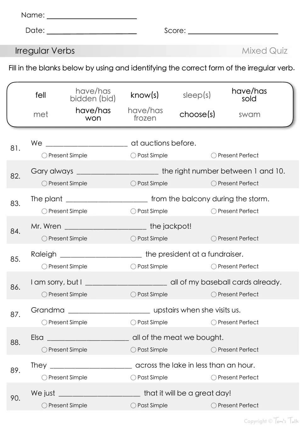 Mixed irregular verb quiz, items 81–90: complete sentences using fell, met, swam and identify verb tenses.
