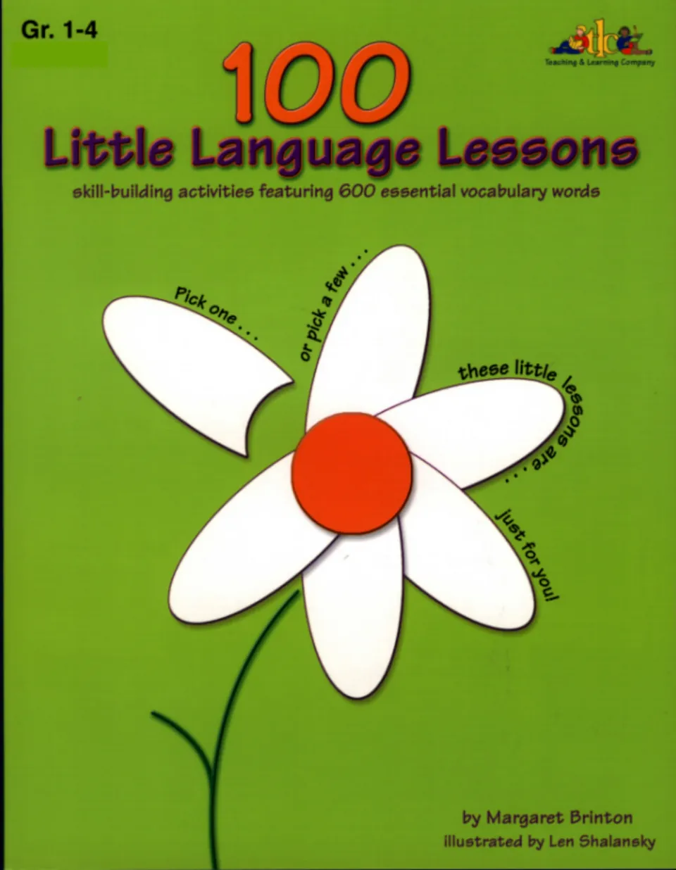 100 Little Language Lessons cover, Gr. 1-4: vocabulary activities on 600 words, with a daisy reading Pick one or pick a few