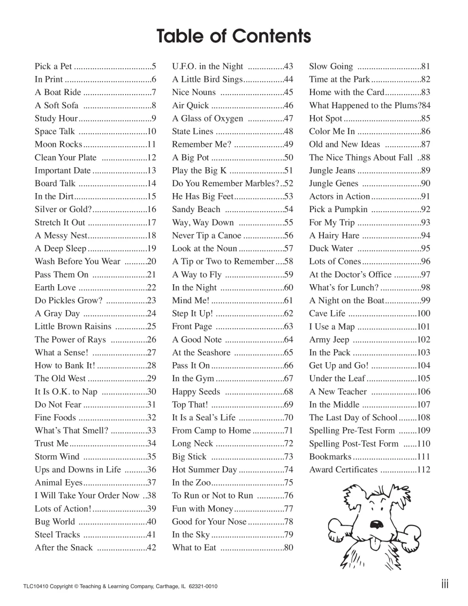 Table of contents: lesson titles from Pick a Pet to The Last Day of School, plus spelling test forms, bookmarks, awards
