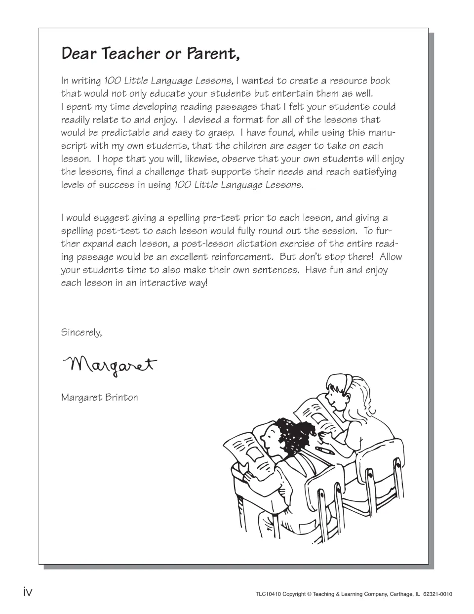 Author letter to teachers and parents suggesting spelling pre-tests, post-tests and dictation of each reading passage