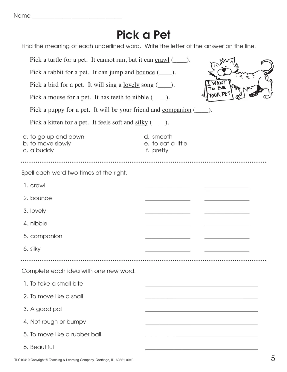 Pick a Pet vocabulary: students match crawl, bounce, lovely, nibble, companion, silky to meanings and spell each word