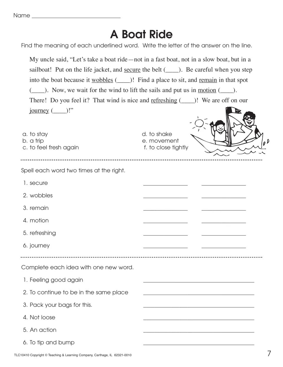 A Boat Ride vocabulary: students match secure, wobbles, remain, motion, refreshing, journey to meanings and spell them