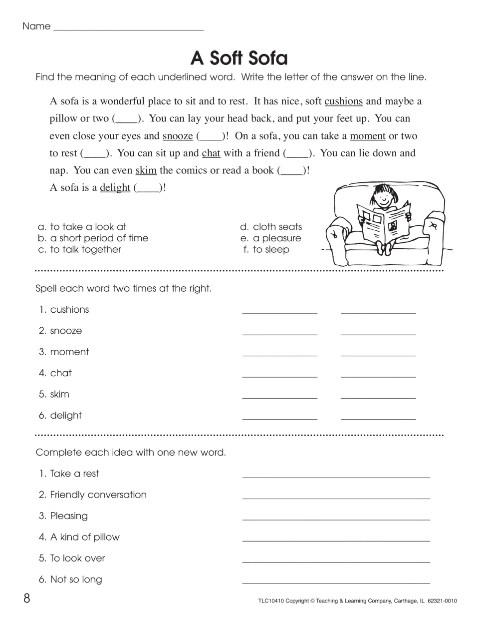 A Soft Sofa passage: students define cushions, snooze, moment, chat, skim, delight, spell each and fill in clues