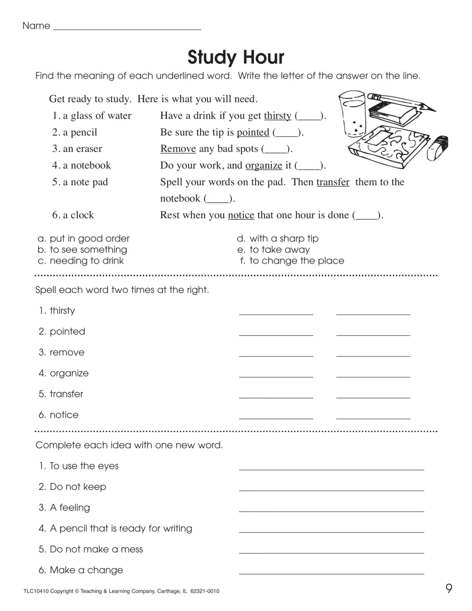 Study Hour vocabulary: students match thirsty, pointed, remove, organize, transfer, notice to meanings and write them