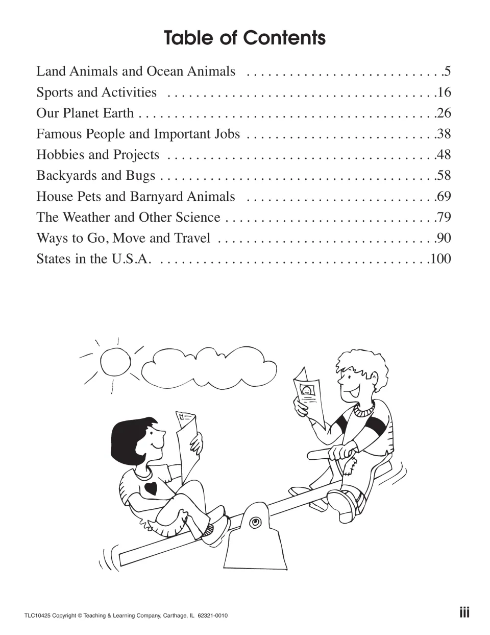 Table of contents listing ten story themes, from Land Animals and Ocean Animals to States in the U.S.A., with page numbers