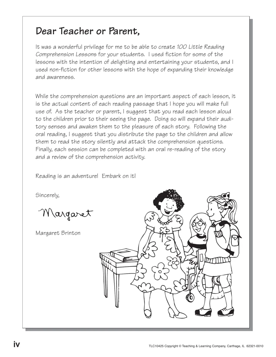 Letter from author Margaret Brinton suggesting teachers read each story aloud, then have children read silently and answer