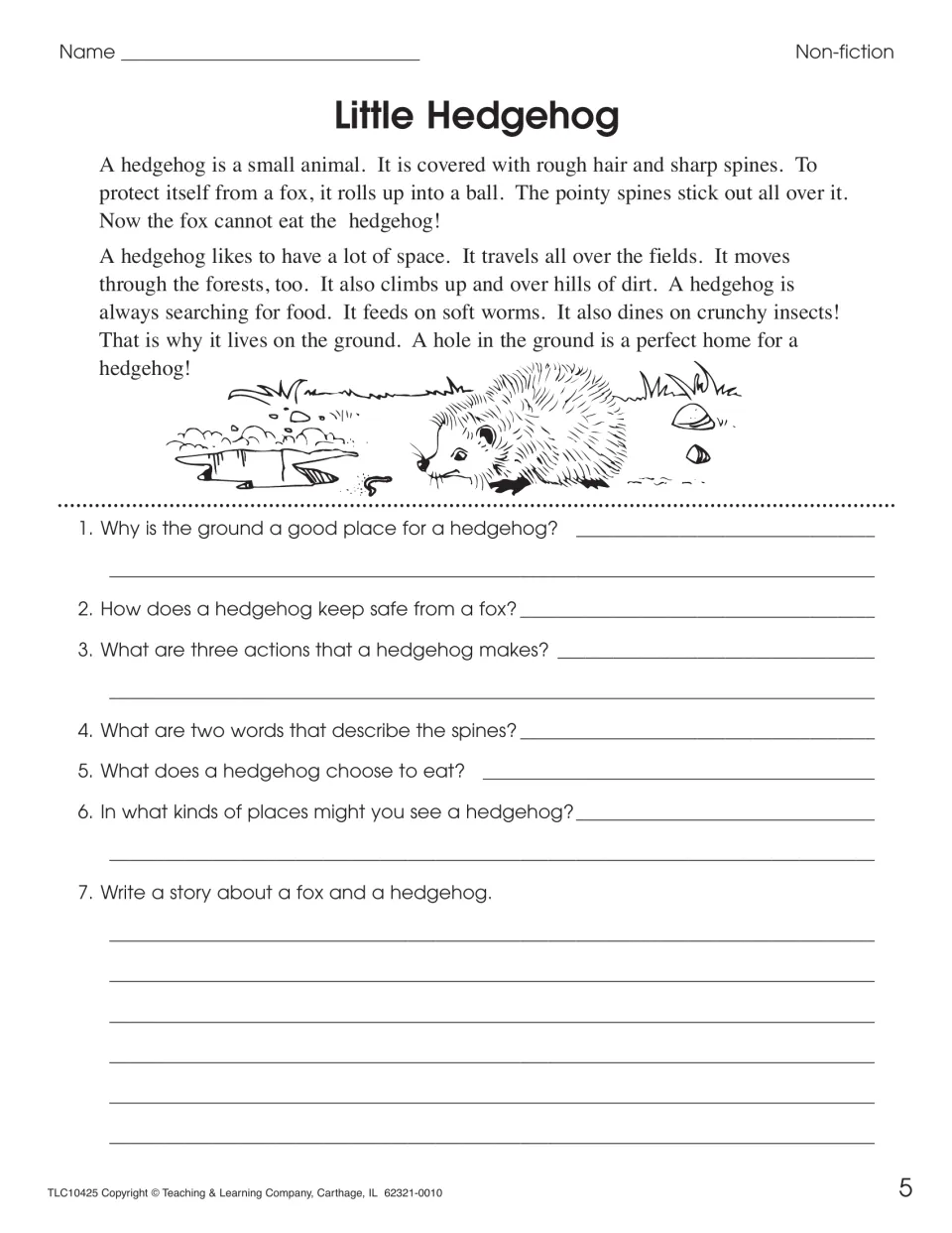 Little Hedgehog non-fiction passage: students answer 6 questions on how hedgehogs stay safe and eat, then write a story