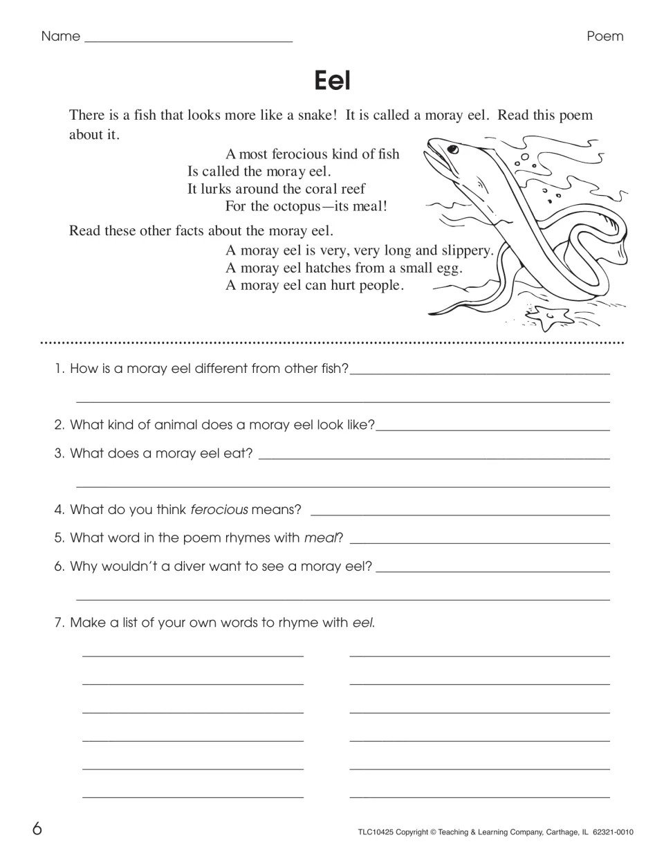 Moray eel poem and facts: students define ferocious, find the rhyme for meal and list their own words rhyming with eel